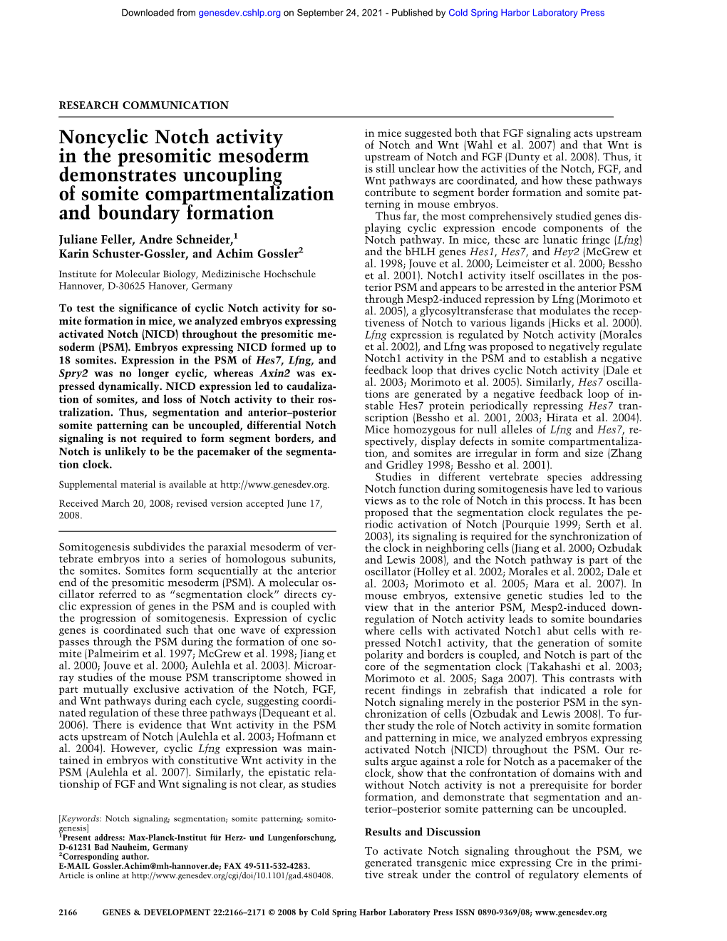 Noncyclic Notch Activity in the Presomitic Mesoderm Demonstrates Uncoupling of Somite Compartmentalization and Boundary Formation