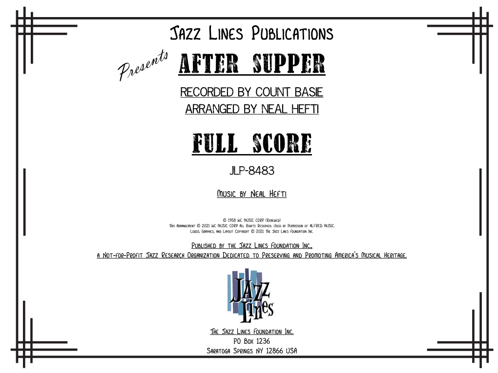 After Supper Presents Recorded by Count Basie Arranged by Neal Hefti Full Score