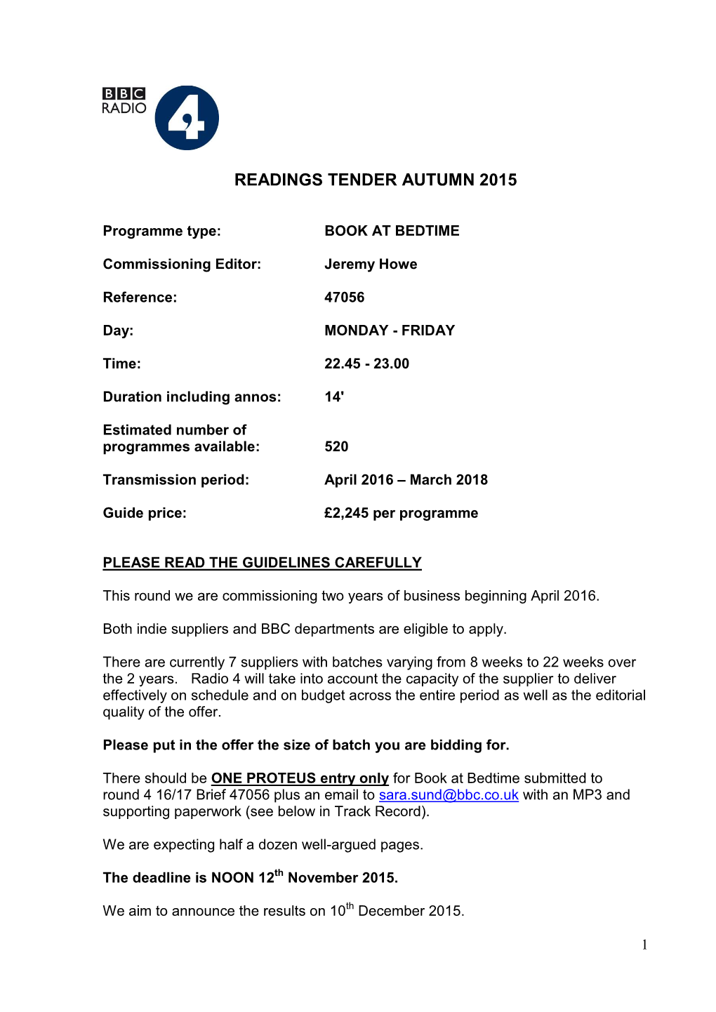 Readings Tender Autumn 2015