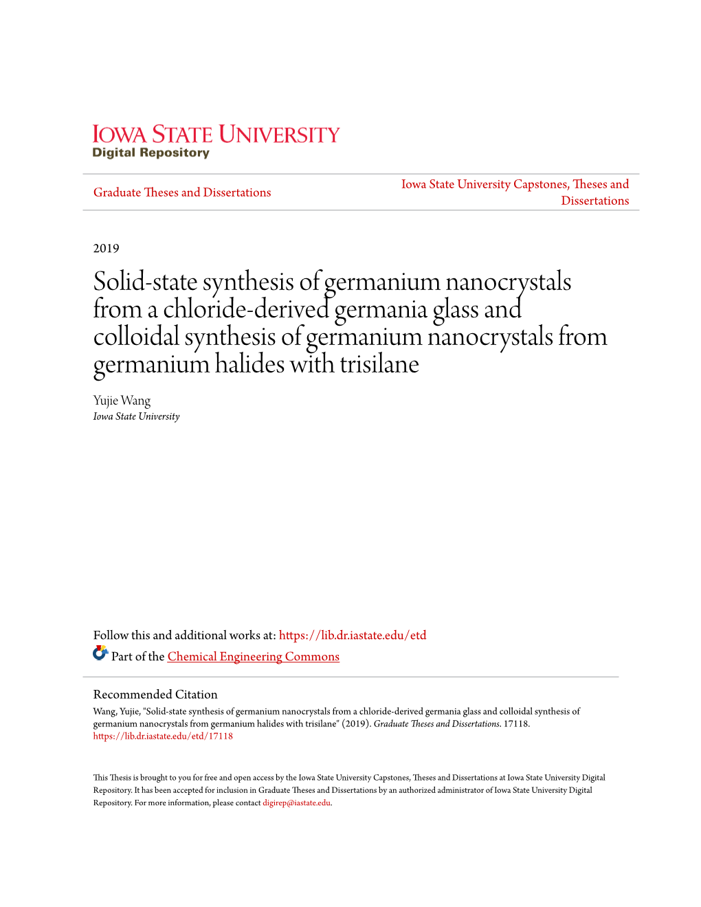 Solid-State Synthesis of Germanium Nanocrystals from a Chloride