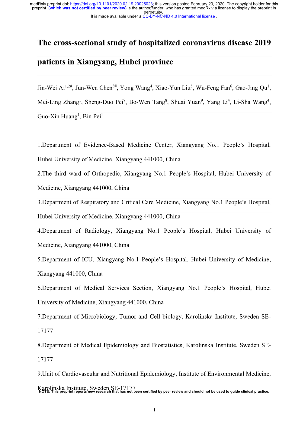 The Cross-Sectional Study of Hospitalized Coronavirus Disease 2019