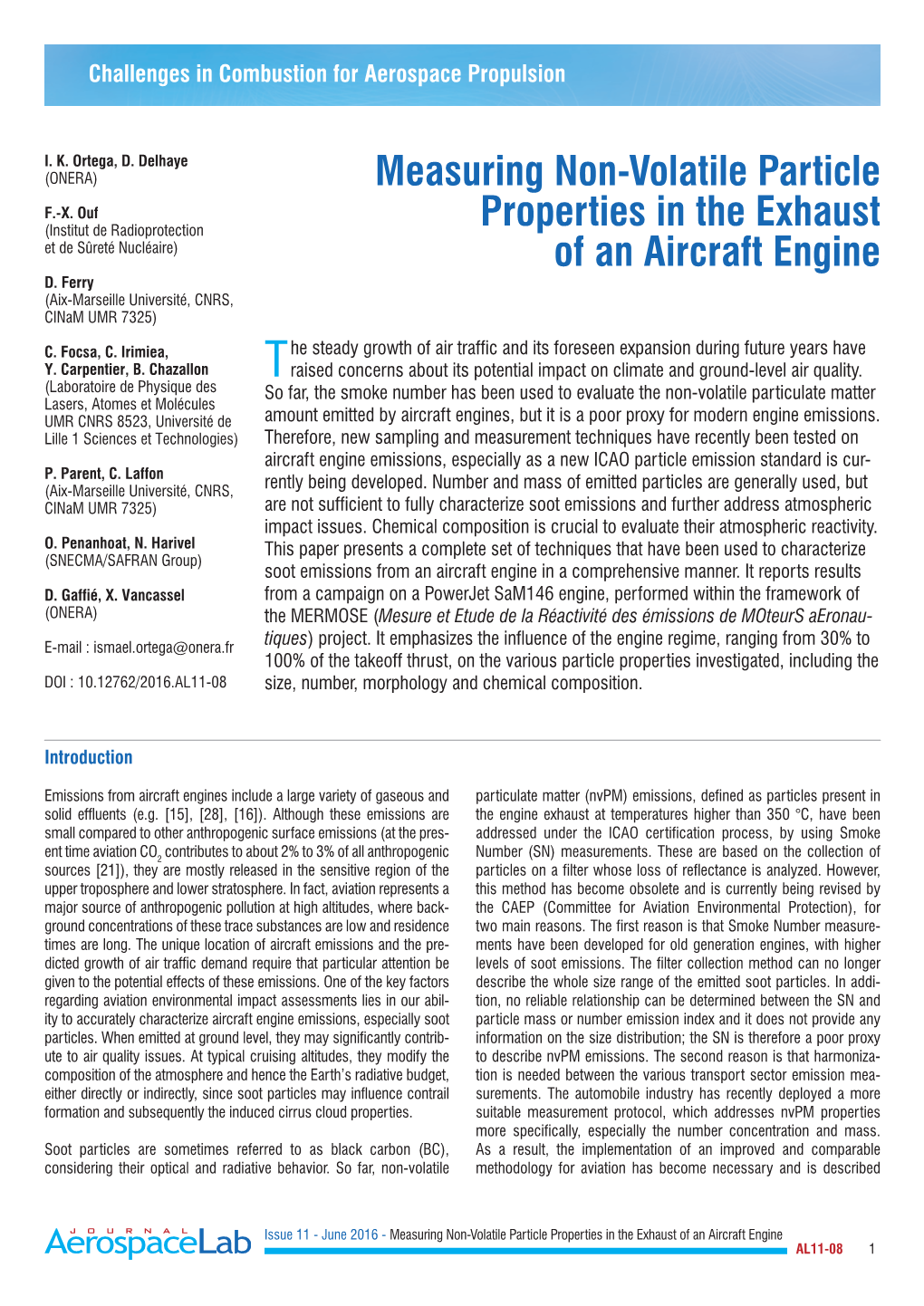 Measuring Non-Volatile Particle Properties in the Exhaust of an Aircraft Engine AL11-08 1 Gas Measurements