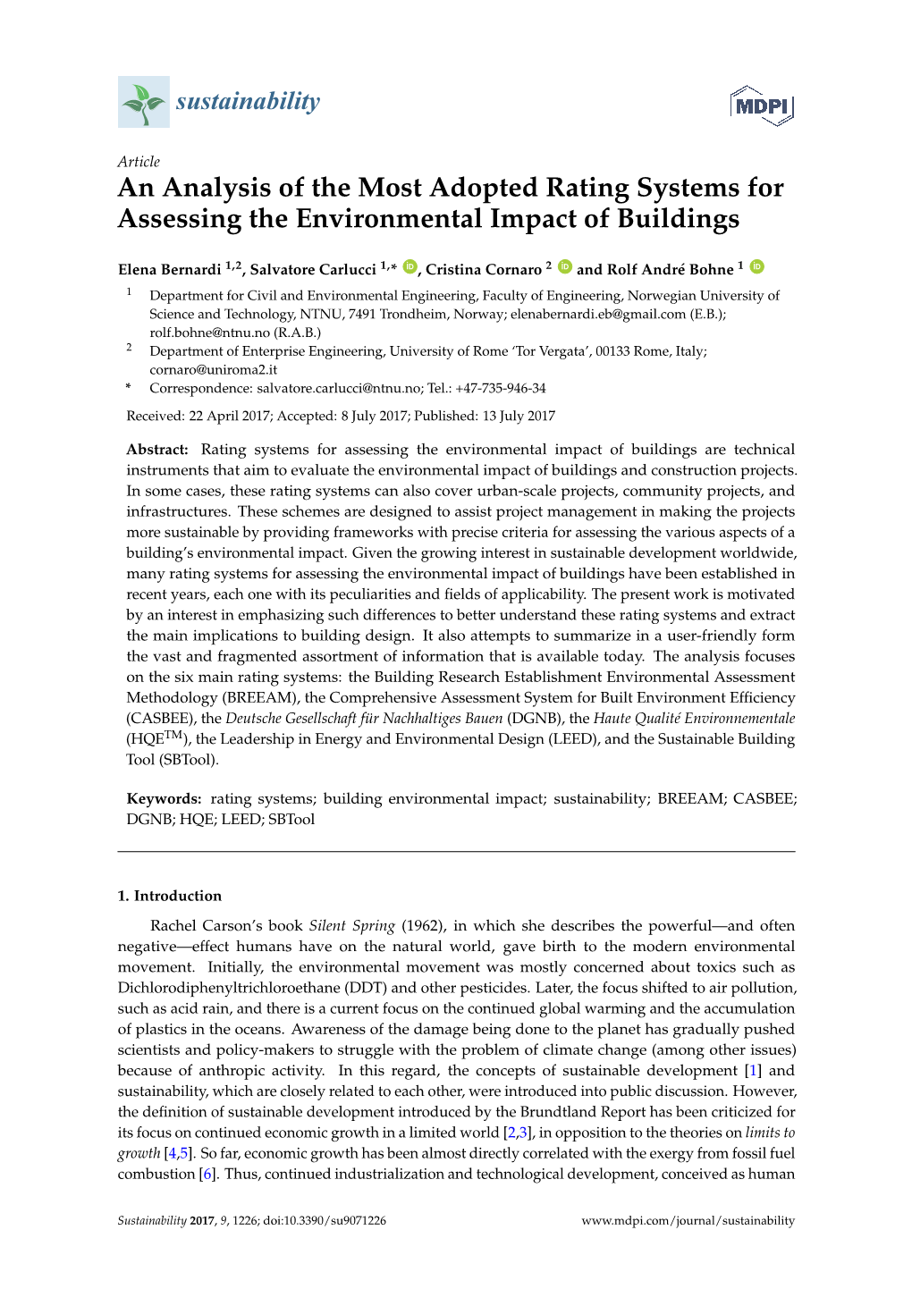 An Analysis of the Most Adopted Rating Systems for Assessing the Environmental Impact of Buildings