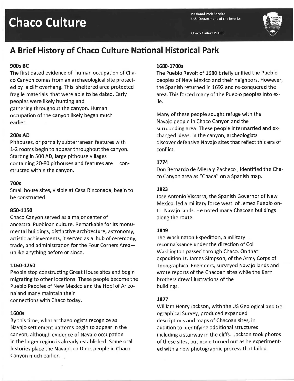 A Brief History of Chaco Culture National Historical Park