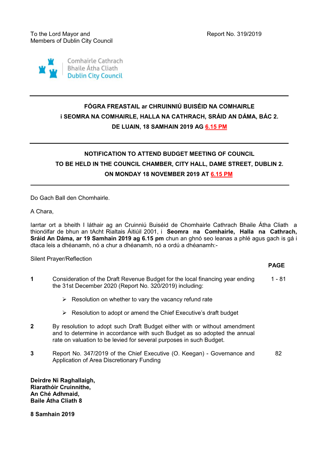 Agenda Document for Budget Meeting, 18/11/2019 18:15