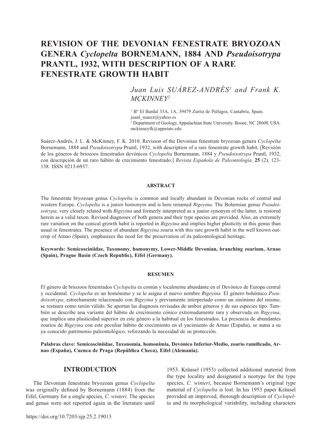 REVISION of the DEVONIAN FENESTRATE BRYOZOAN GENERA Cyclopelta BORNEMANN, 1884 and Pseudoisotrypa PRANTL, 1932, with DESCRIPTION of a RARE FENESTRATE GROWTH HABIT