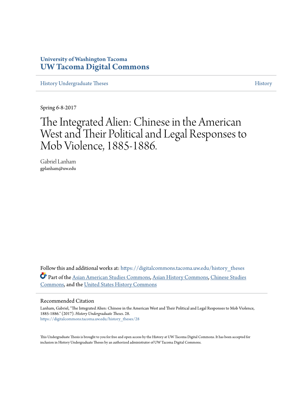 Chinese in the American West and Their Political and Legal Responses to Mob Violence, 1885-1886