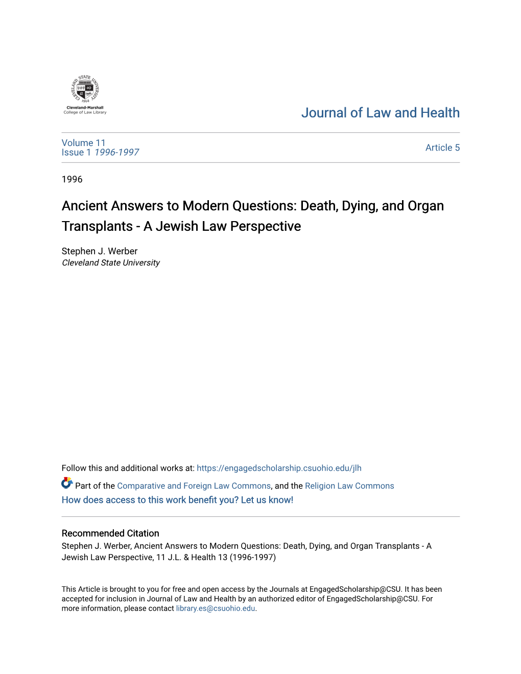 Death, Dying, and Organ Transplants - a Jewish Law Perspective