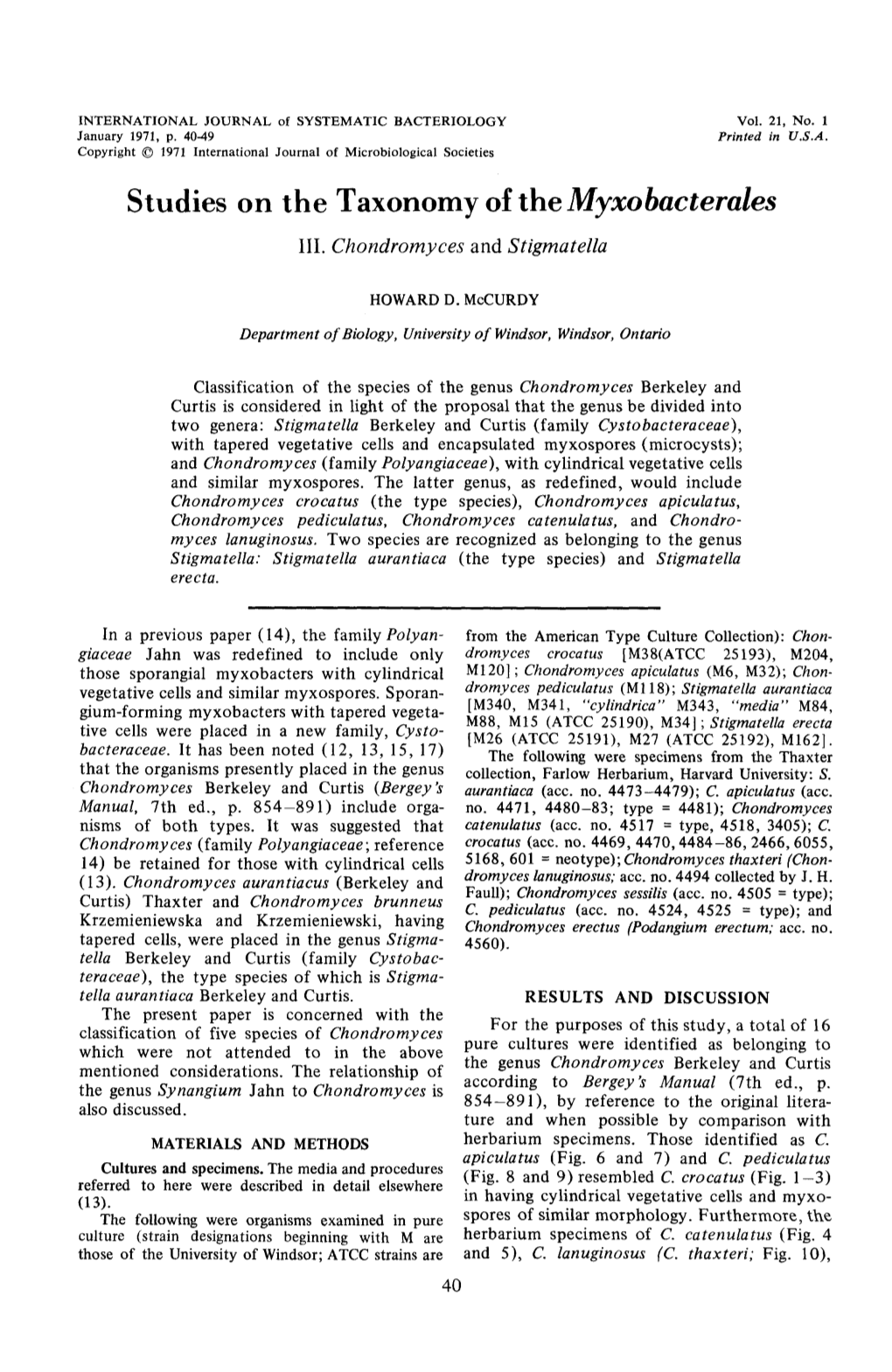Studies on the Taxonomy of the Myxobacterales III
