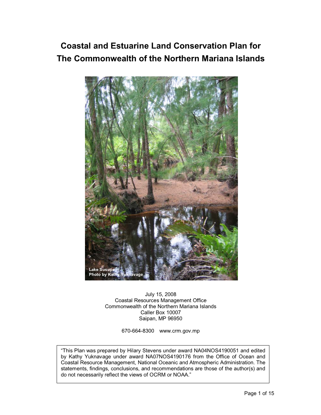 Coastal and Estuarine Land Conservation Plan for the Commonwealth of the Northern Mariana Islands