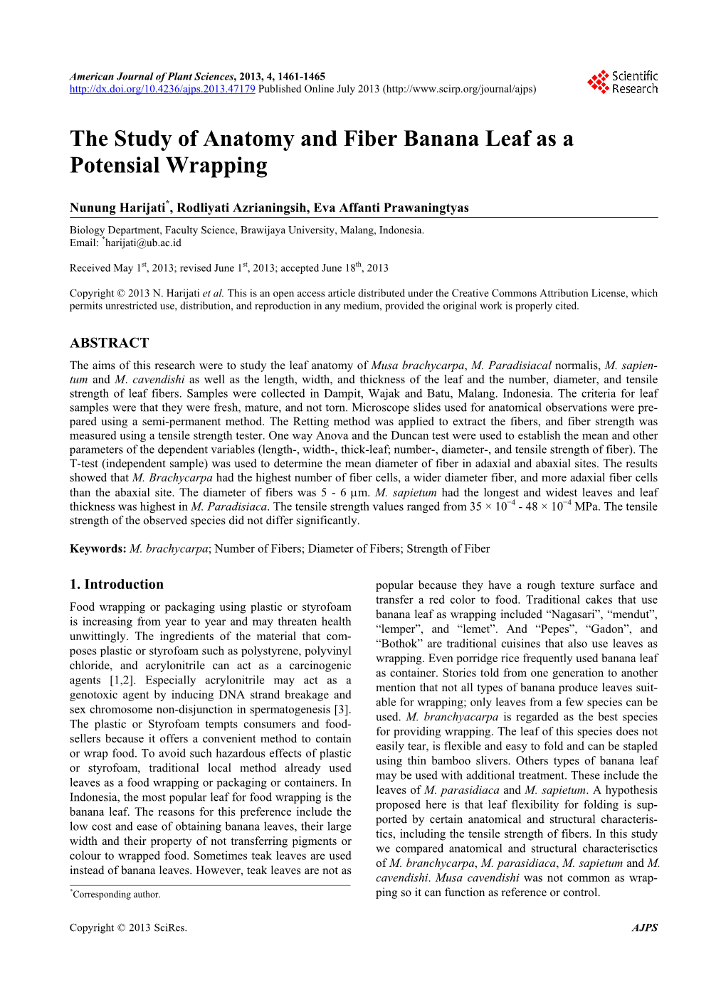 The Study of Anatomy and Fiber Banana Leaf As a Potensial Wrapping