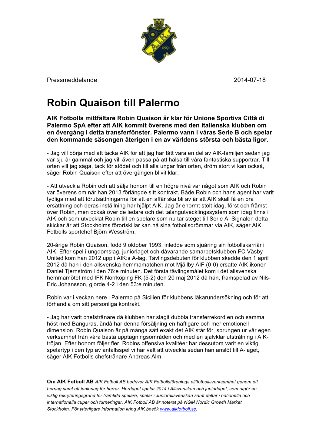 Robin Quaison Till Palermo