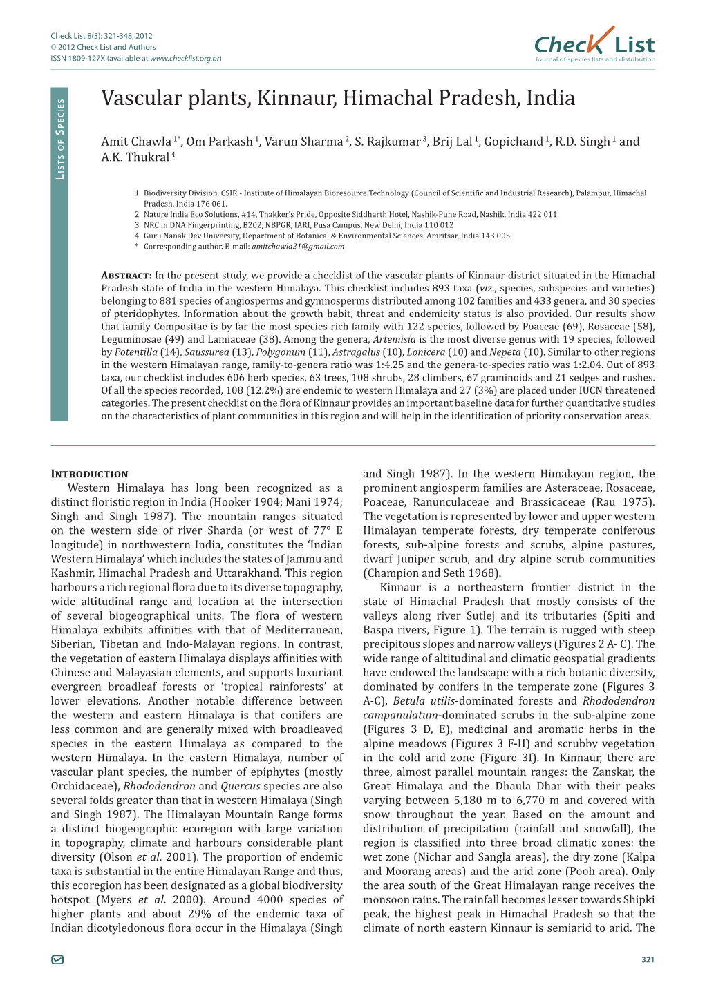 Check List 8(3): 321-348, 2012 © 2012 Check List and Authors Chec List ISSN 1809-127X (Available at Journal of Species Lists and Distribution