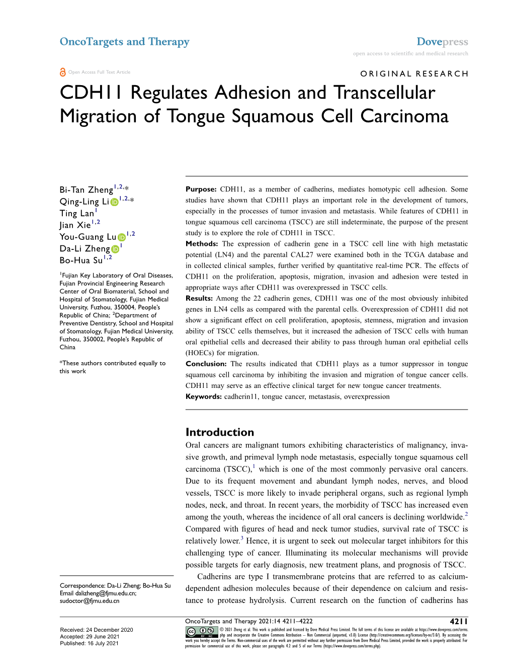 CDH11 Regulates Adhesion and Transcellular Migration of Tongue Squamous Cell Carcinoma