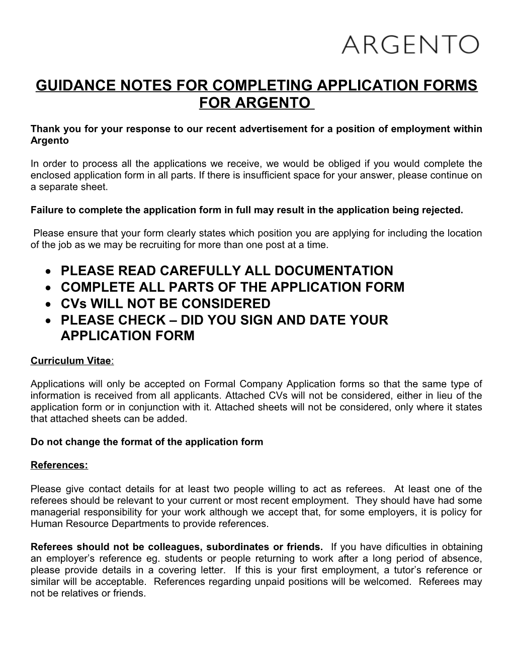 Guidance Notes for Completing Application Forms for Argento