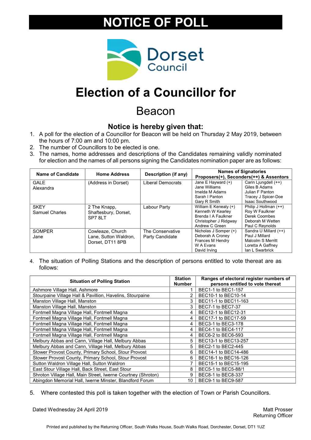 NOTICE of POLL Election of a Councillor