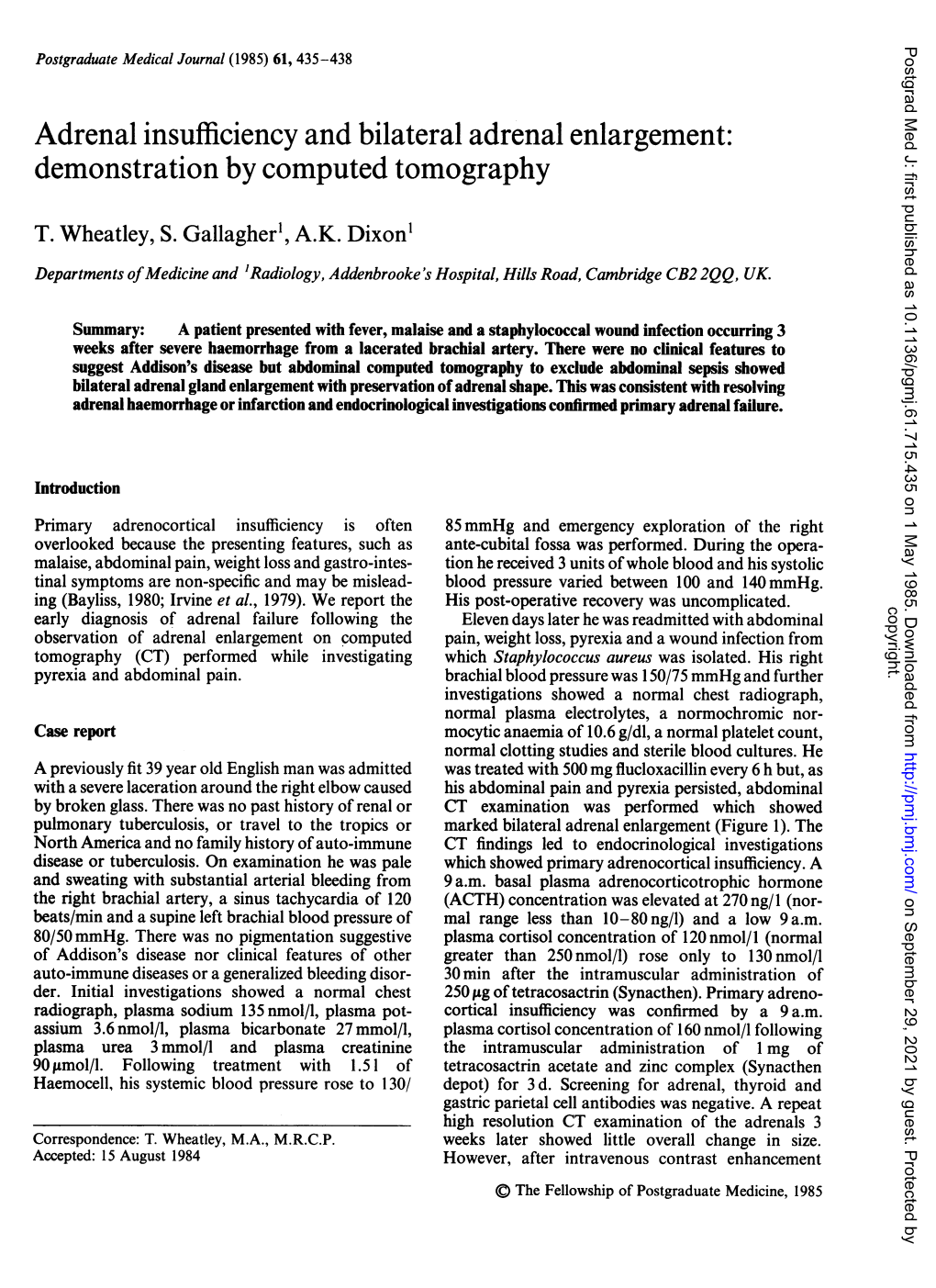 Adrenal Insufficiency and Bilateral Adrenal Enlargement: Demonstration by Computed Tomography