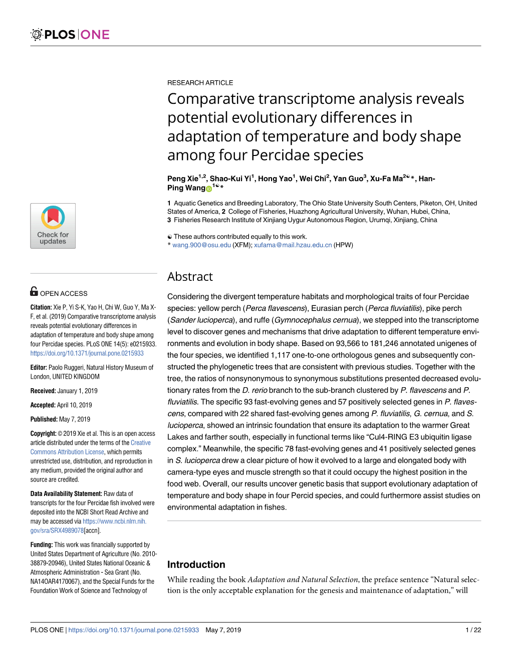 Comparative Transcriptome Analysis Reveals Potential Evolutionary Differences in Adaptation of Temperature and Body Shape Among Four Percidae Species