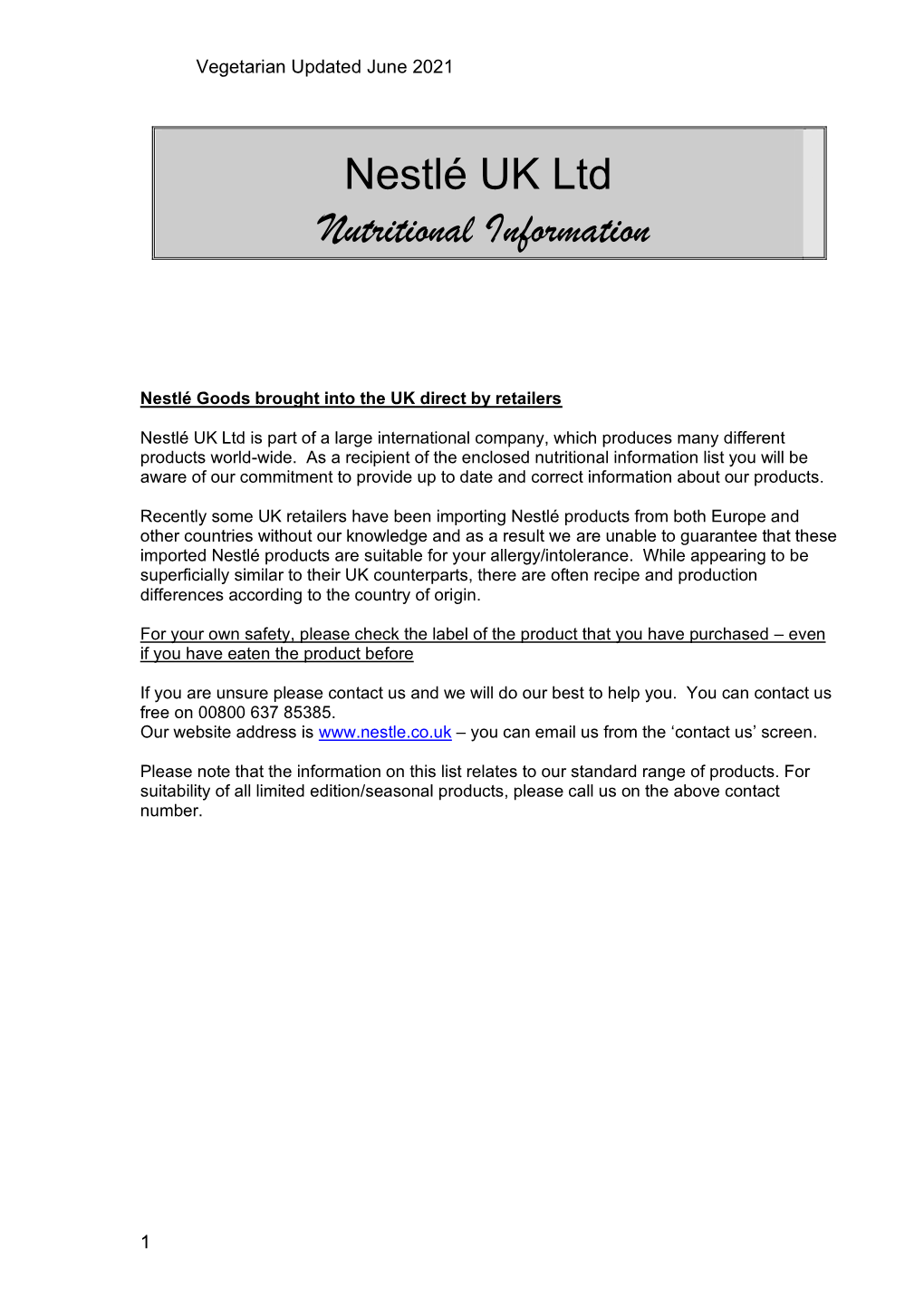 Nestlé UK Ltd Nutritional Information