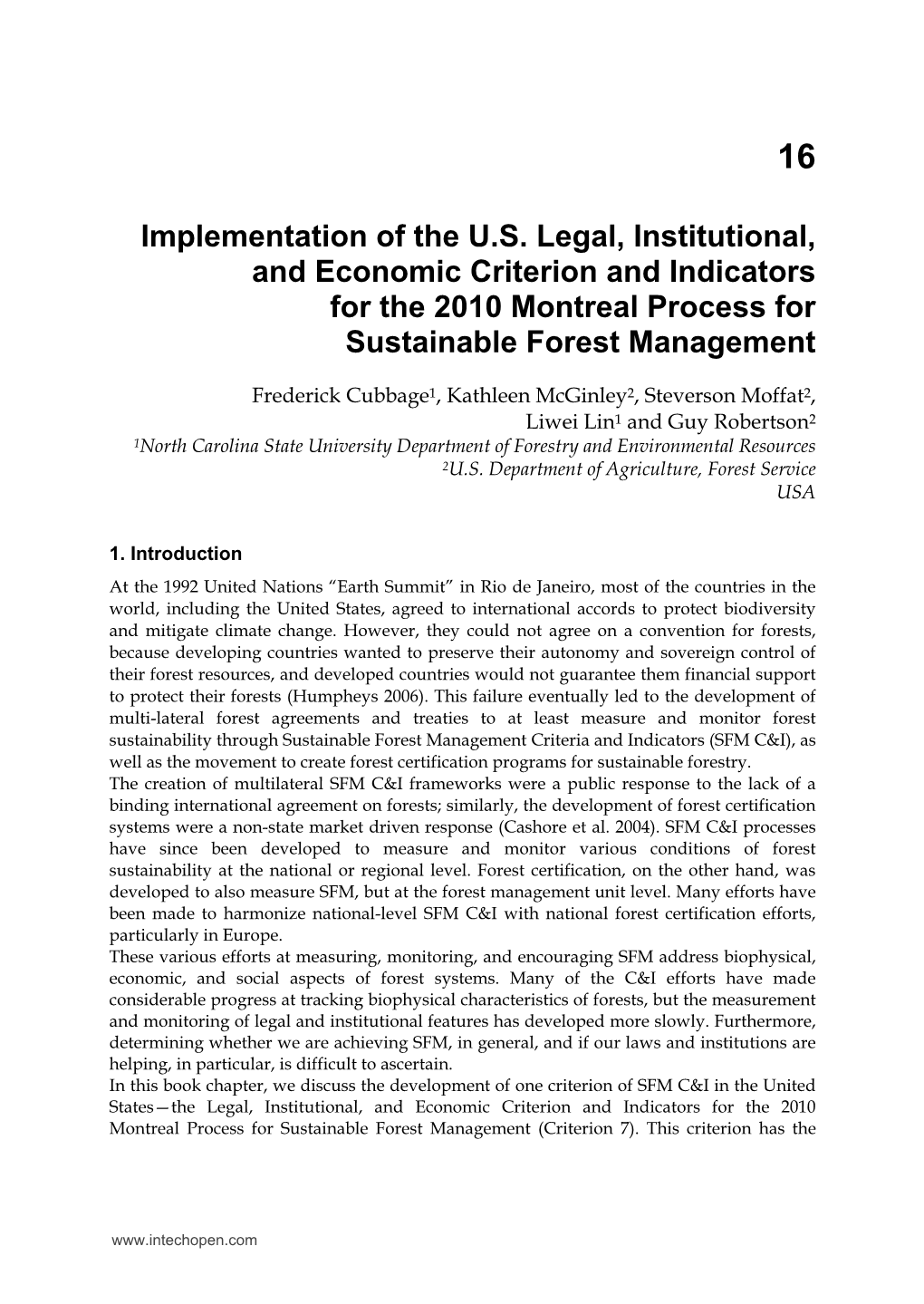 Implementation of the U.S. Legal, Institutional, and Economic Criterion and Indicators for the 2010 Montreal Process for Sustainable Forest Management