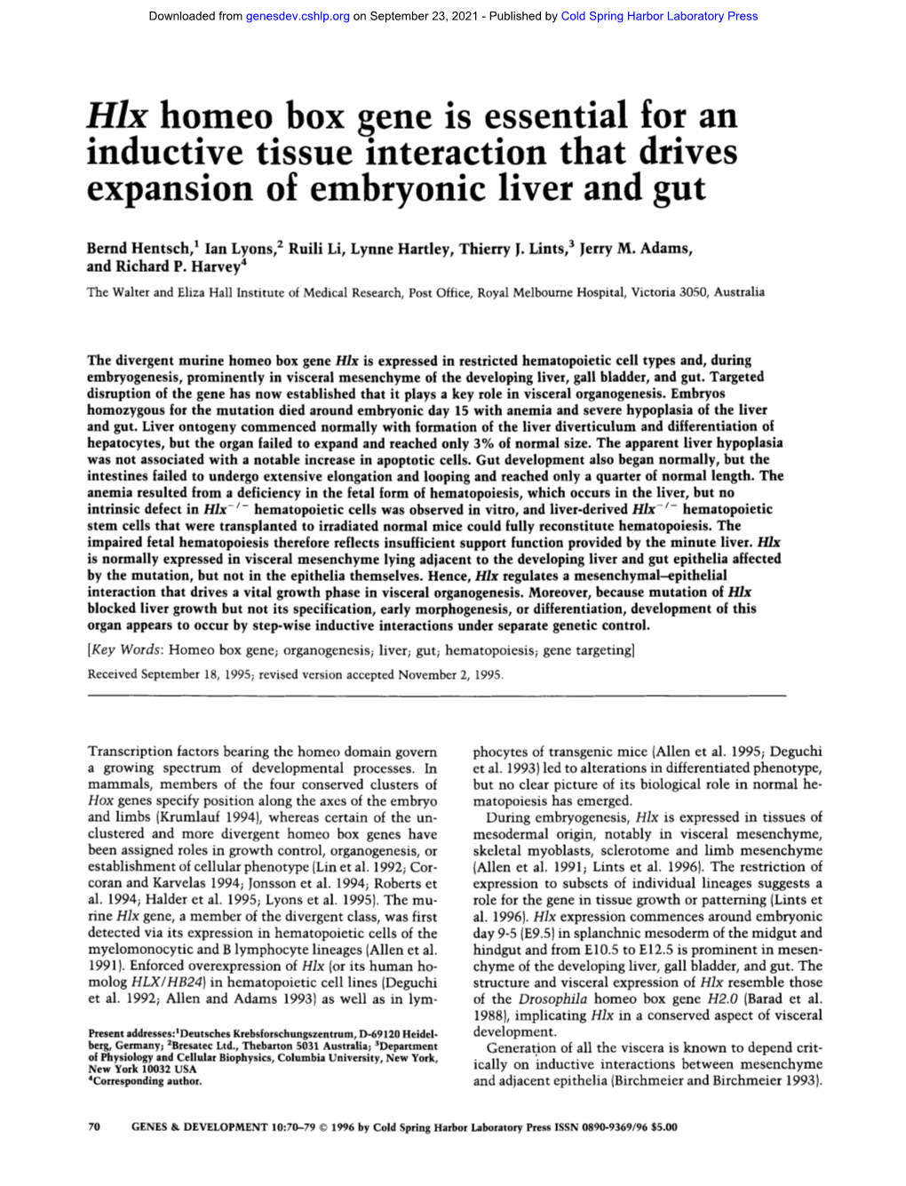 Hlx Homeo Box Gene Is Essential for an Inductive Tissue Interaction That Drives Expansion of Embryonic Liver and Gut
