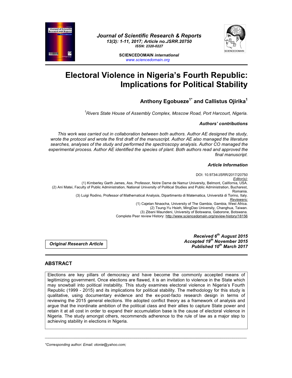 Electoral Violence in Nigeria's Fourth Republic: Implications for Political