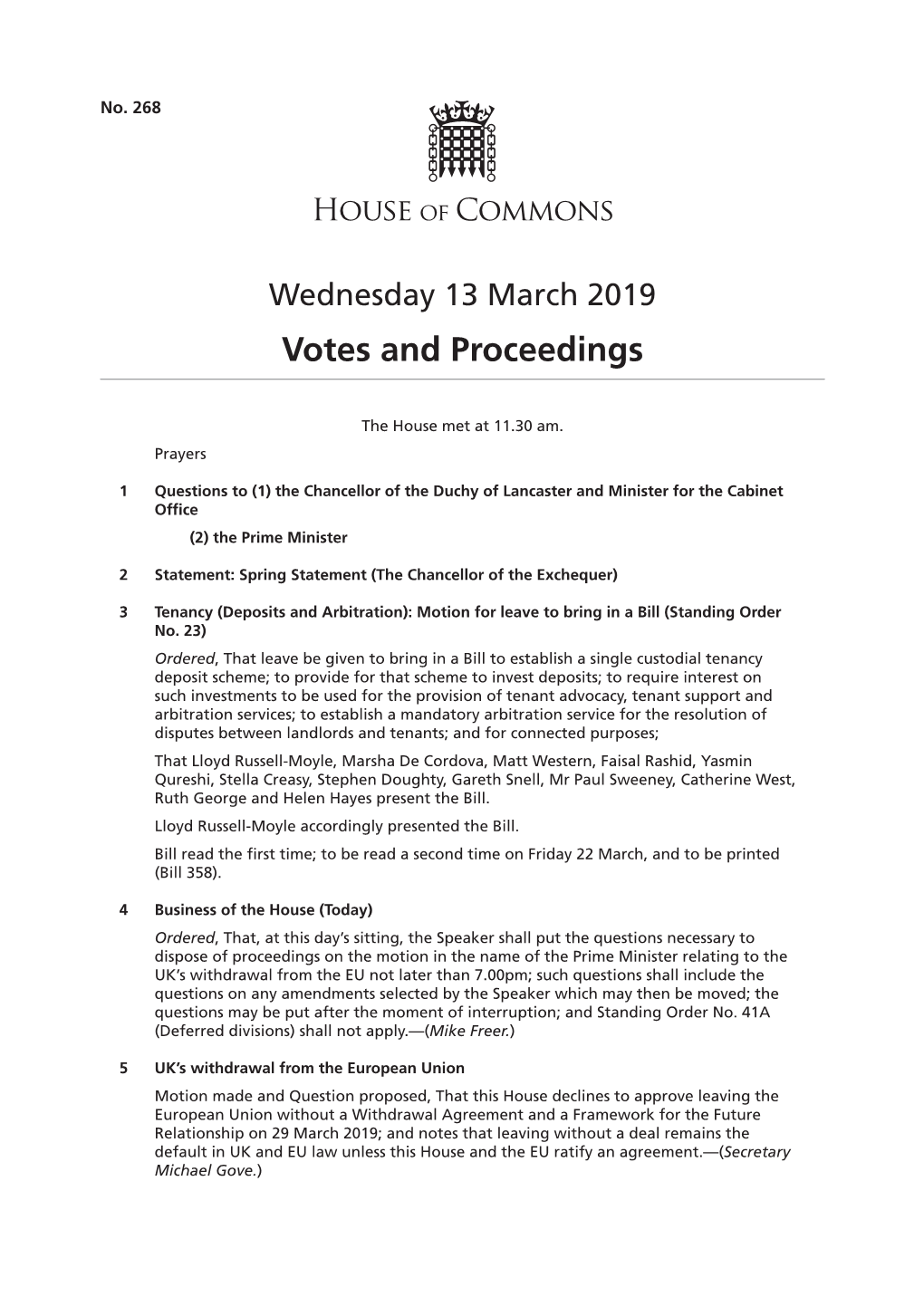 Votes and Proceedings for 13 Mar 2019