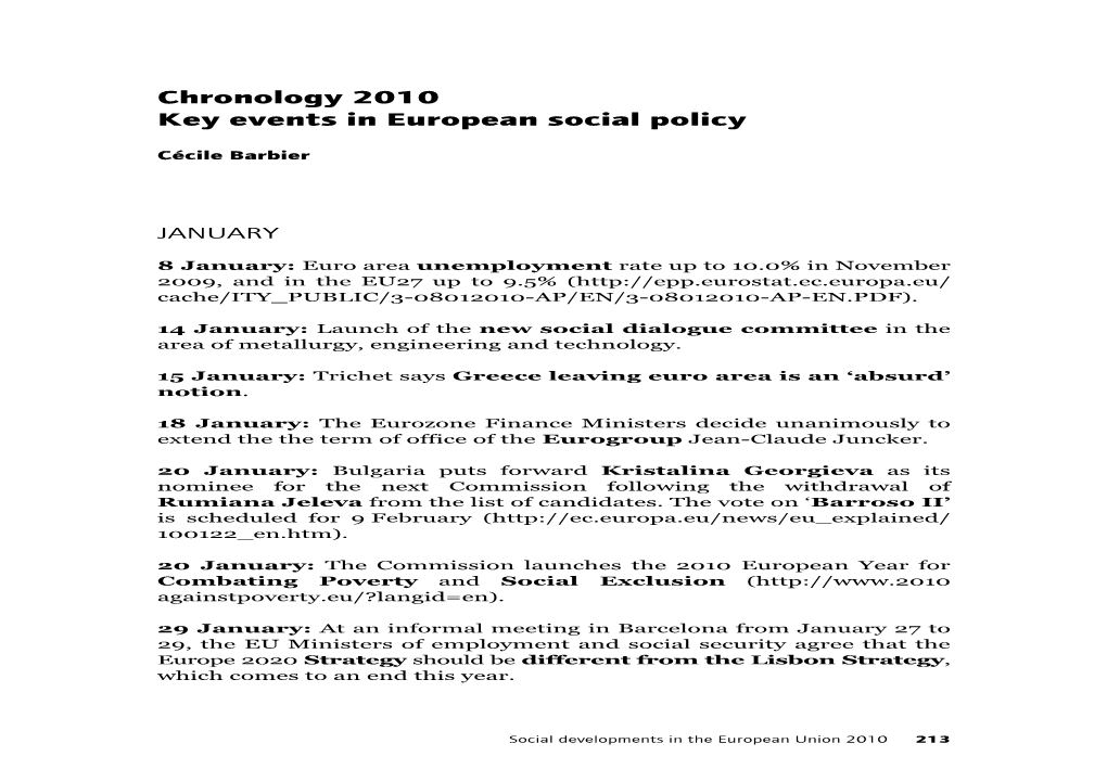 Chronology 2010 Key Events in European Social Policy