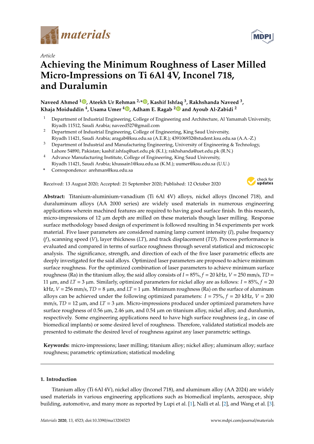 Achieving the Minimum Roughness of Laser Milled Micro-Impressions on Ti 6Al 4V, Inconel 718, and Duralumin