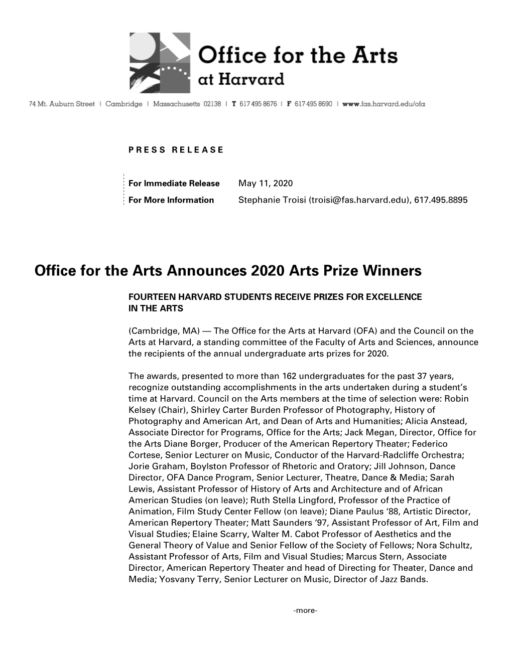 Office for the Arts Announces 2020 Arts Prize Winners