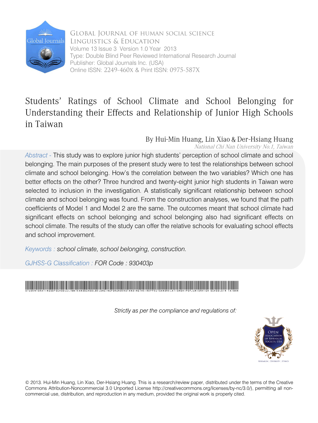 Students' Ratings of School Climate and School Belonging For