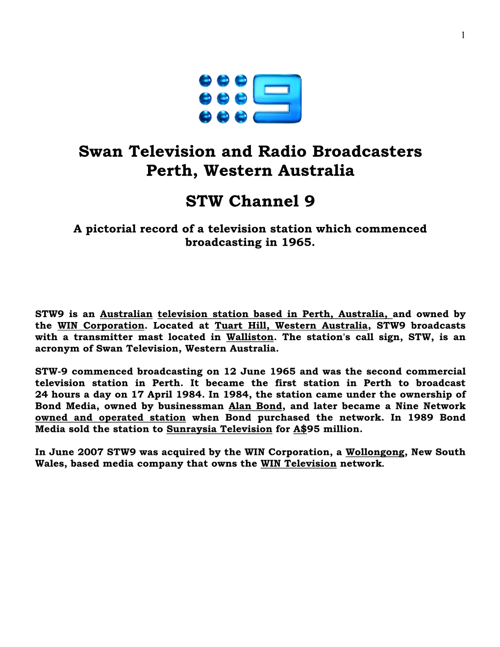 Swan Television and Radio Broadcasters Perth, Western Australia STW Channel 9