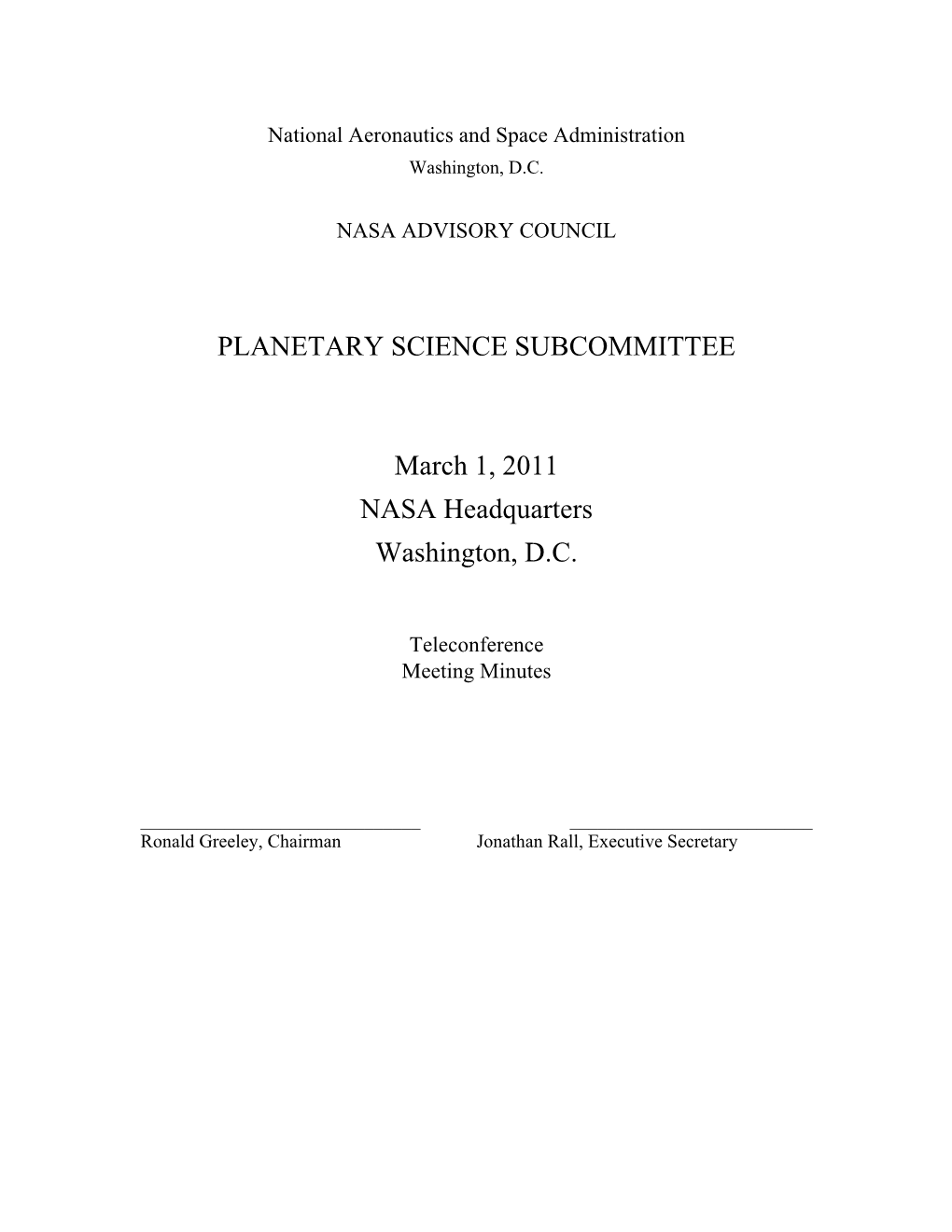 PLANETARY SCIENCE SUBCOMMITTEE March 1, 2011