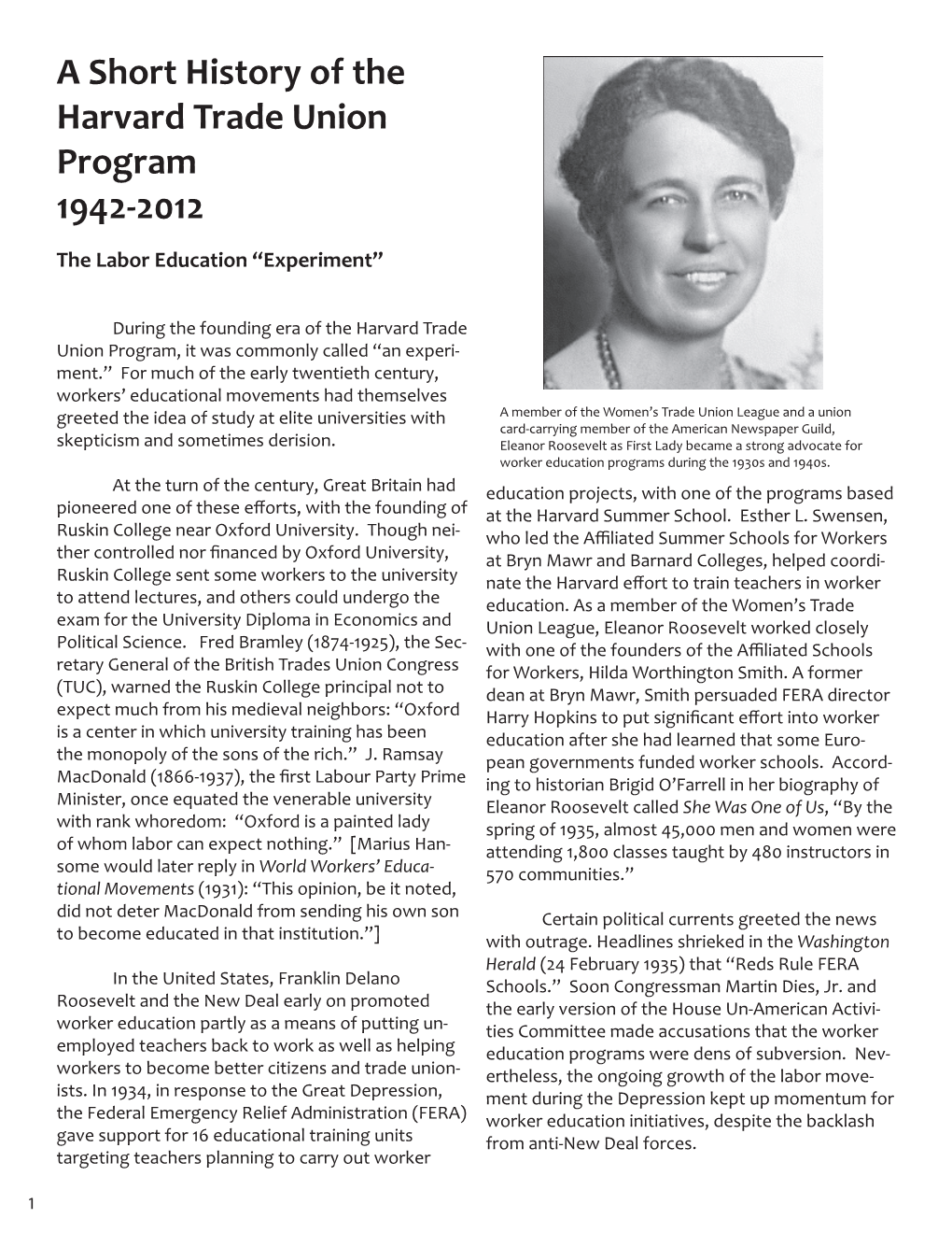 A Short History of the Harvard Trade Union Program 1942-2012