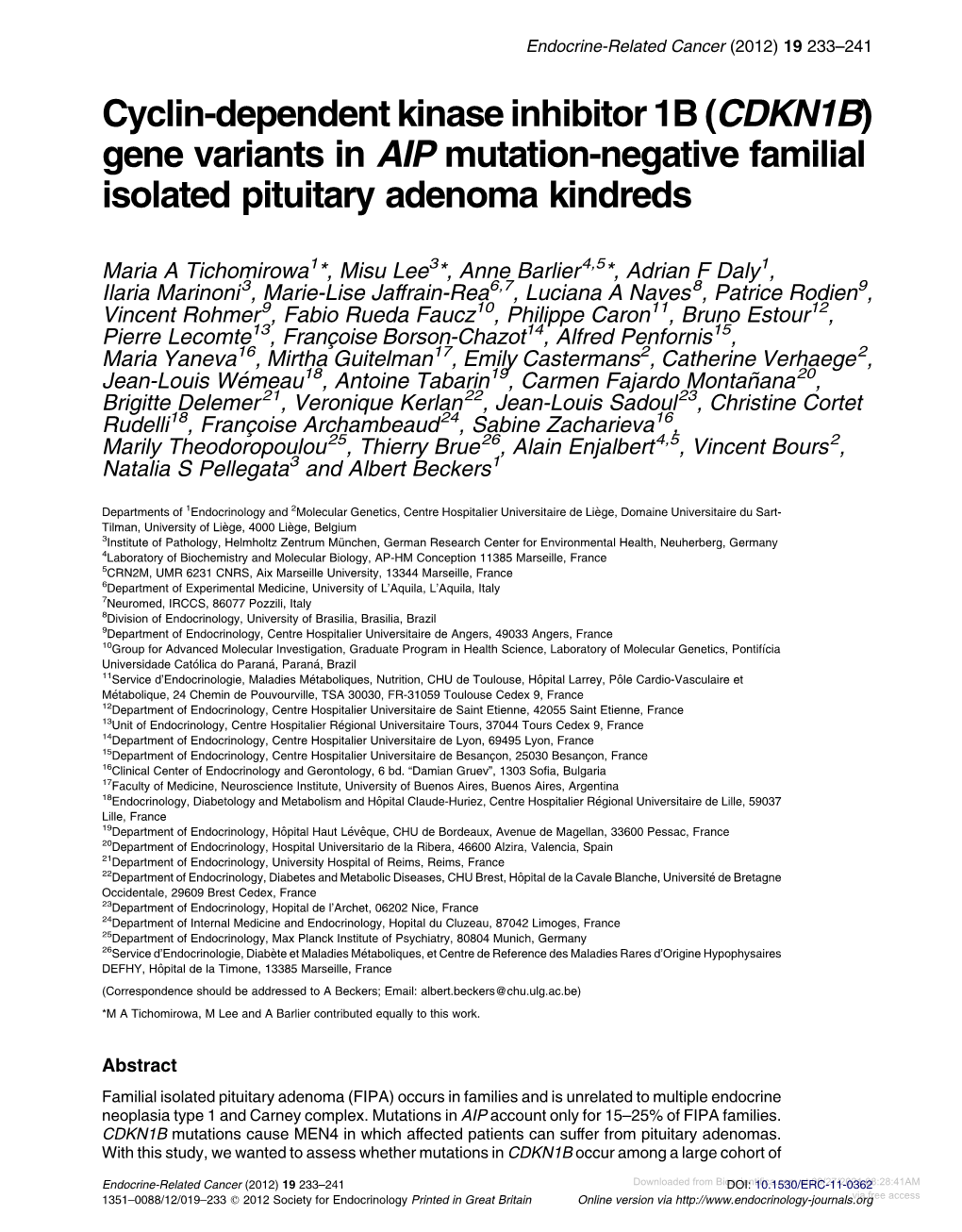 (CDKN1B) Gene Variants in AIP Mutation-Negative Familial Isolated Pituitary Adenoma Kindreds