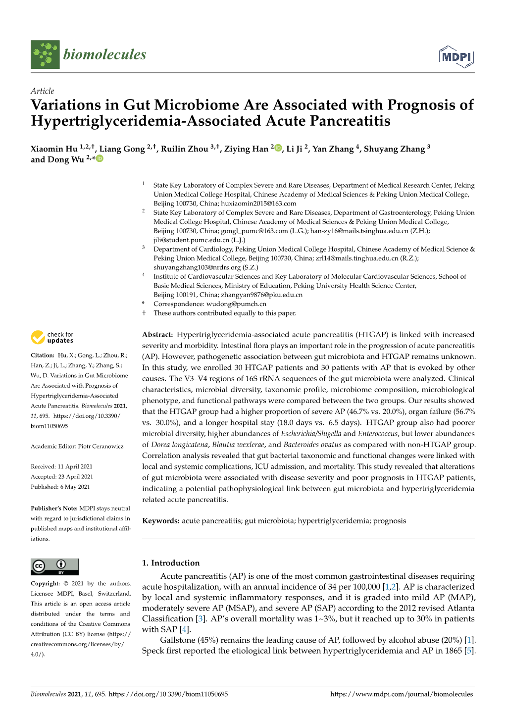 Variations in Gut Microbiome Are Associated with Prognosis of Hypertriglyceridemia-Associated Acute Pancreatitis