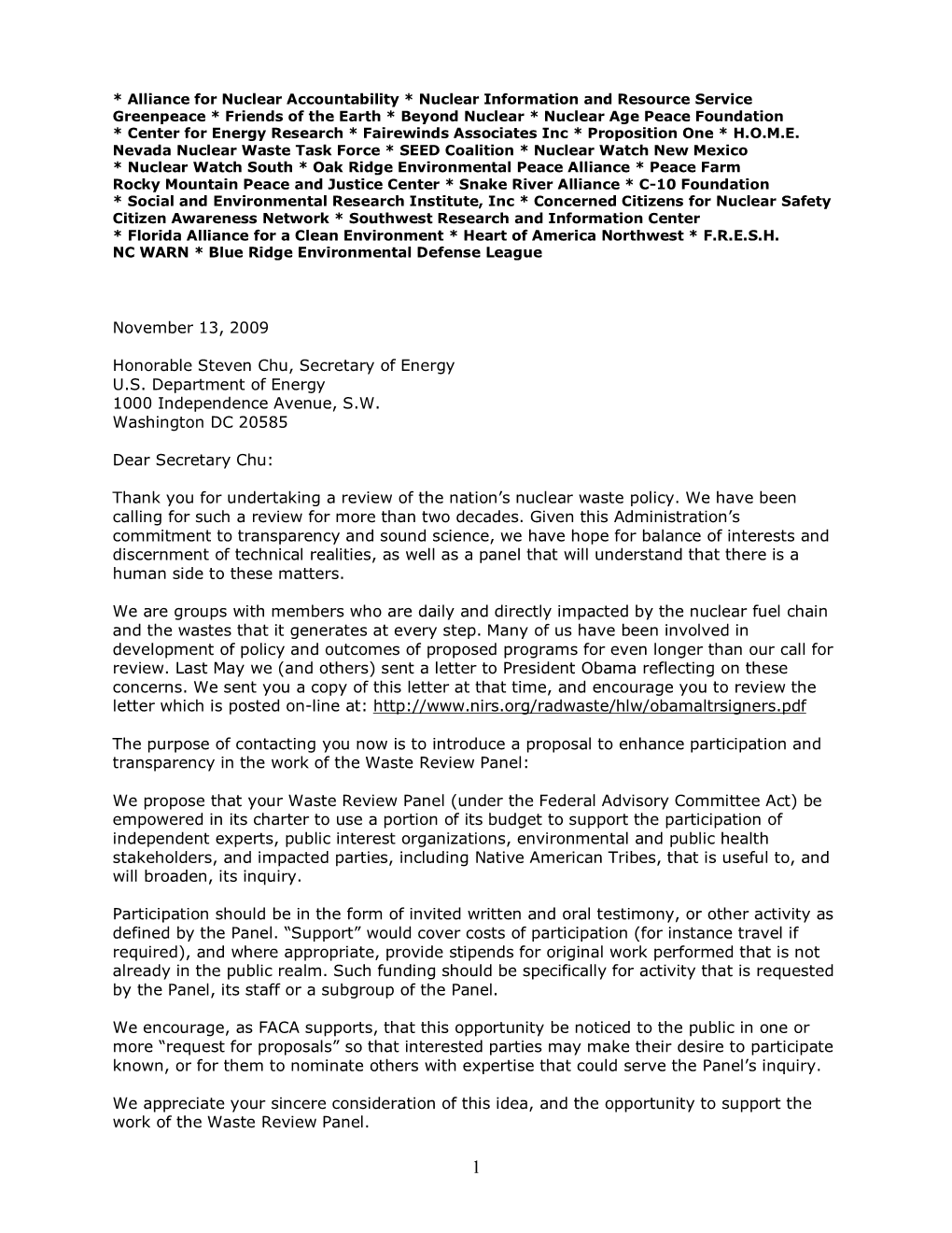 Letter to Secretary Chu Calling for Inclusion of Independent Experts