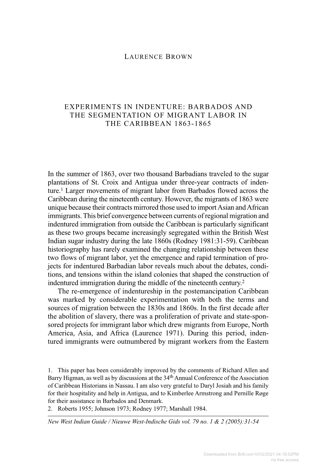 Barbados and the Segmentation of Migrant Labor in the Caribbean 1863-1865