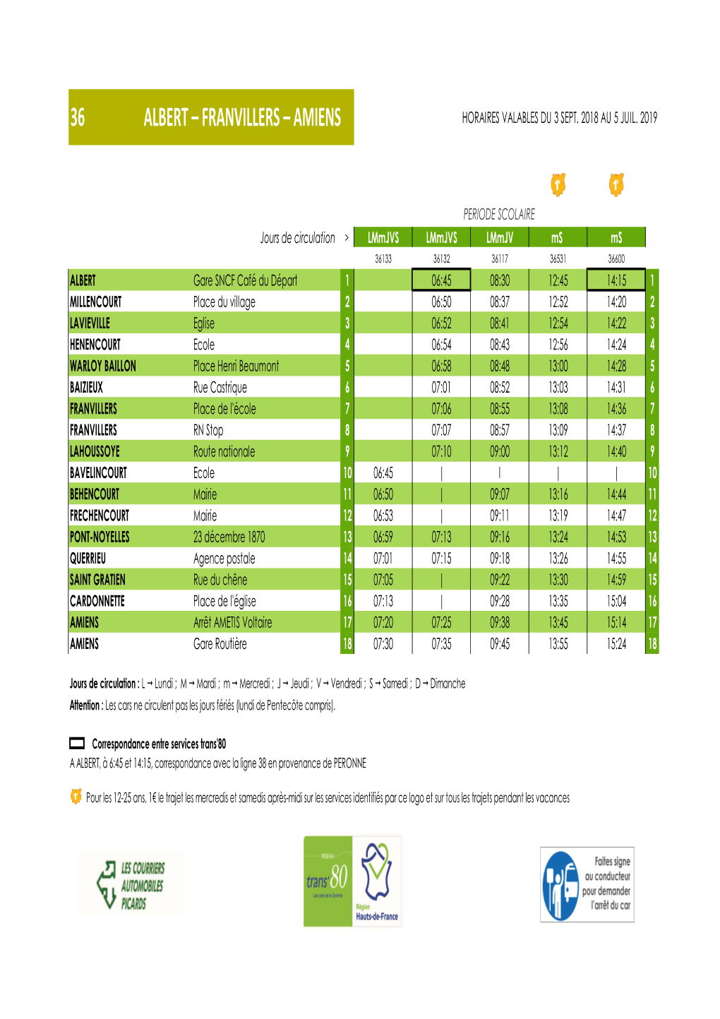 36 Albert – Franvillers – Amiens Horaires Valables Du 3 Sept