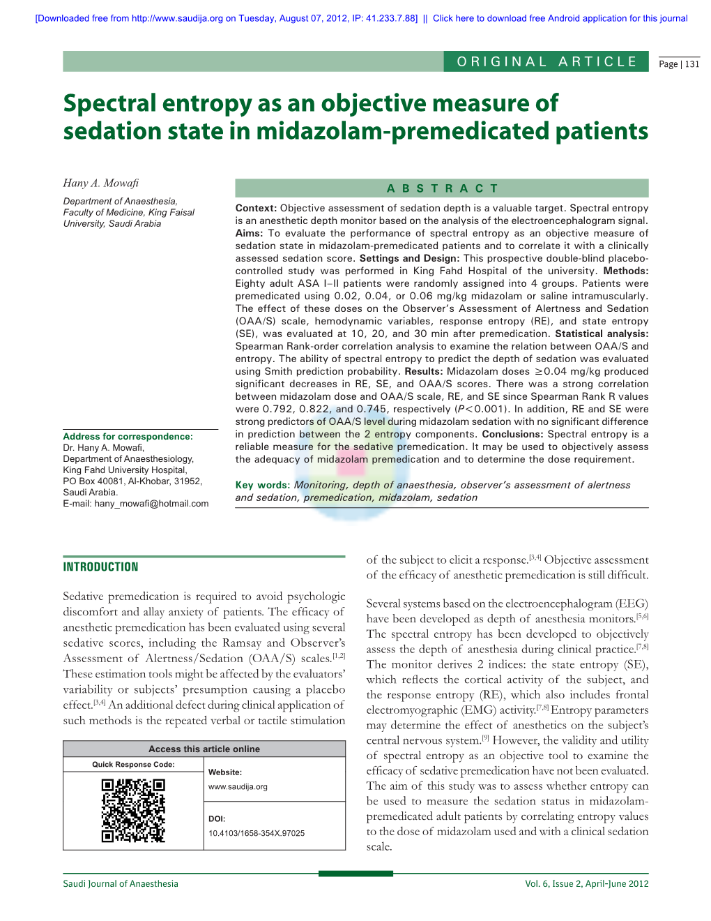 Spectral Entropy As an Objective Measure of Sedation State in Midazolam-Premedicated Patients