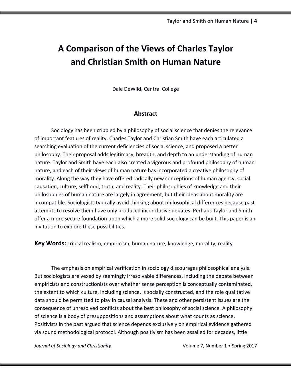 A Comparison of the Views of Charles Taylor and Christian Smith on Human Nature