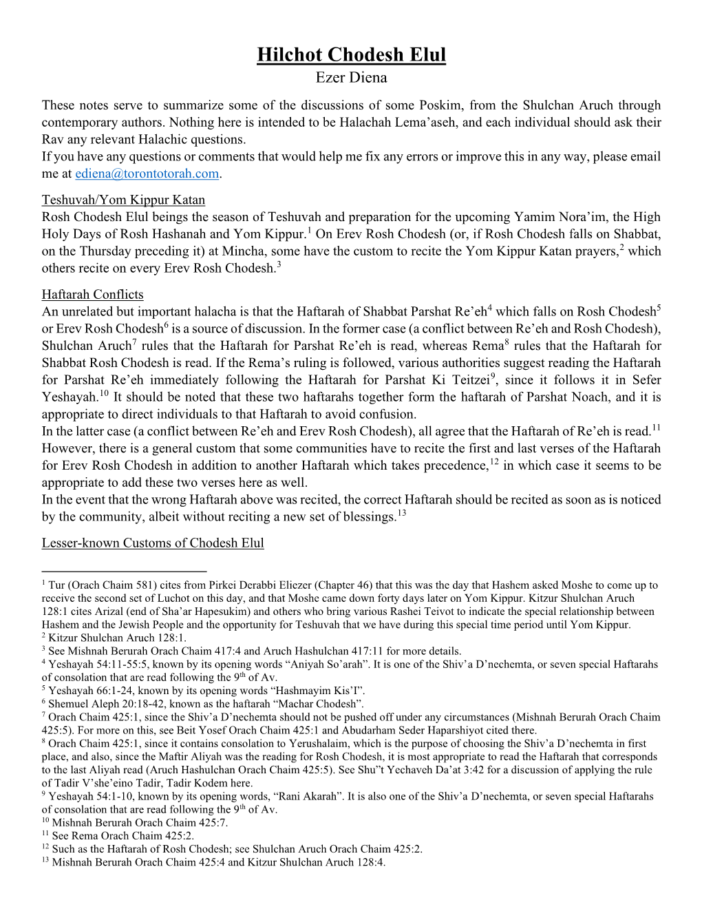 Hilchot Chodesh Elul Ezer Diena These Notes Serve to Summarize Some of the Discussions of Some Poskim, from the Shulchan Aruch Through Contemporary Authors