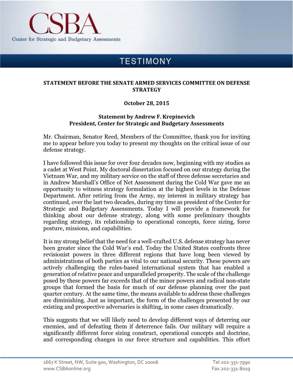 Statement Before the Senate Armed Services Committee on Defense Strategy