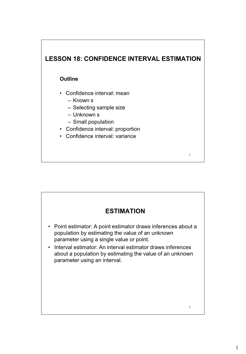 Lesson 18: Confidence Interval Estimation