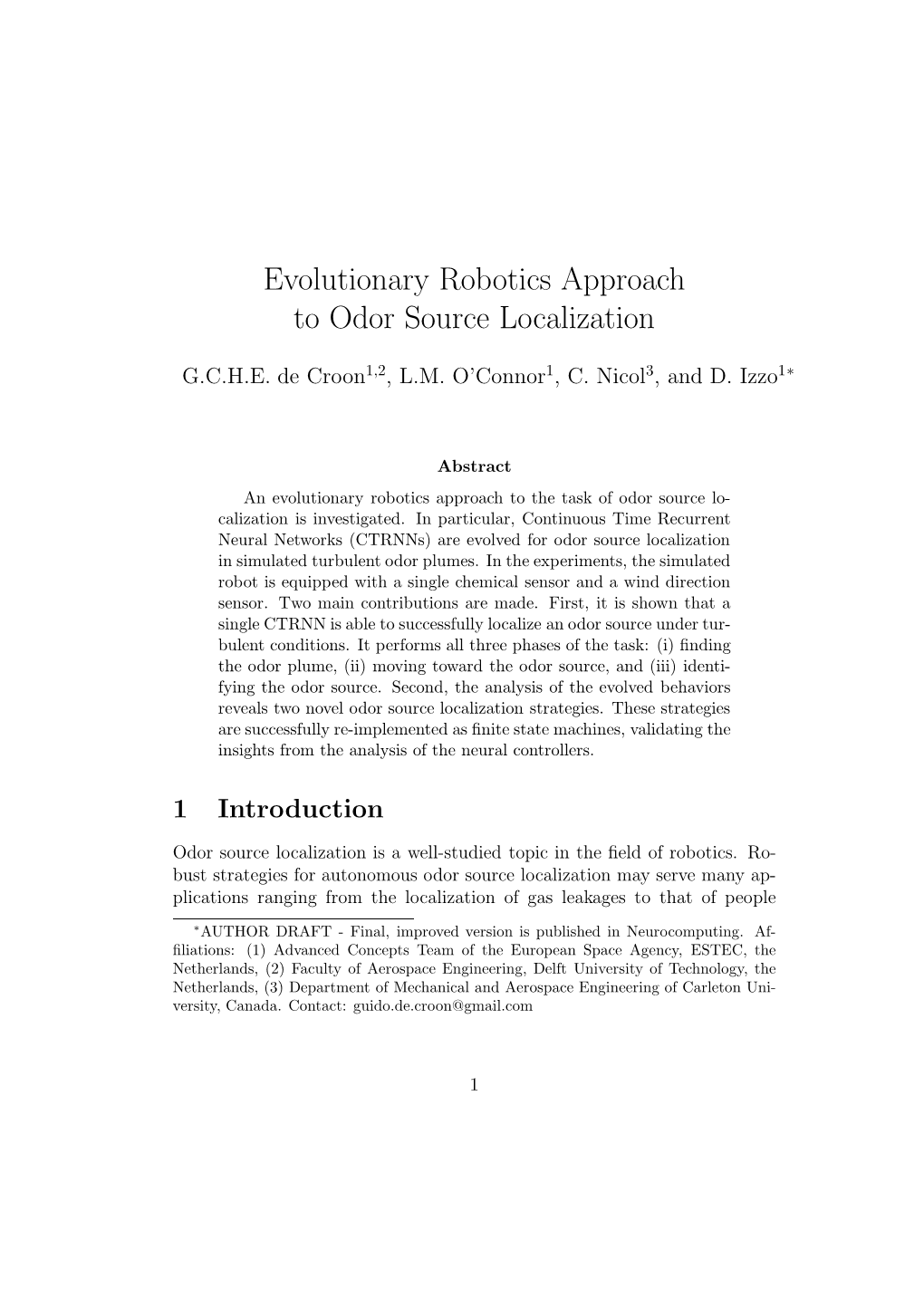 Evolutionary Robotics Approach to Odor Source Localization