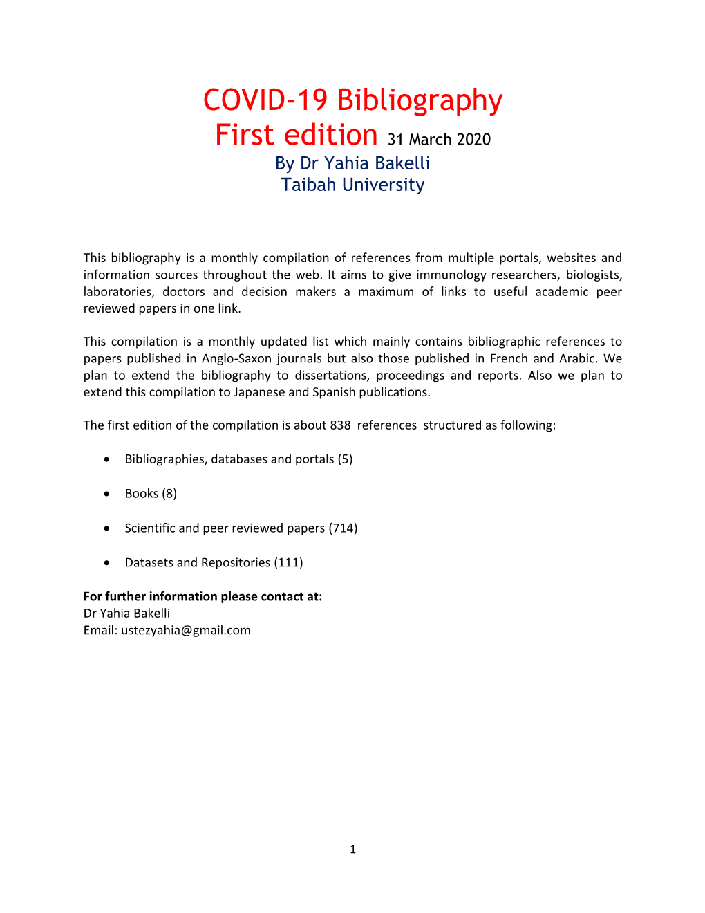 COVID-19 Bibliography First Edition 31 March 2020 by Dr Yahia Bakelli Taibah University