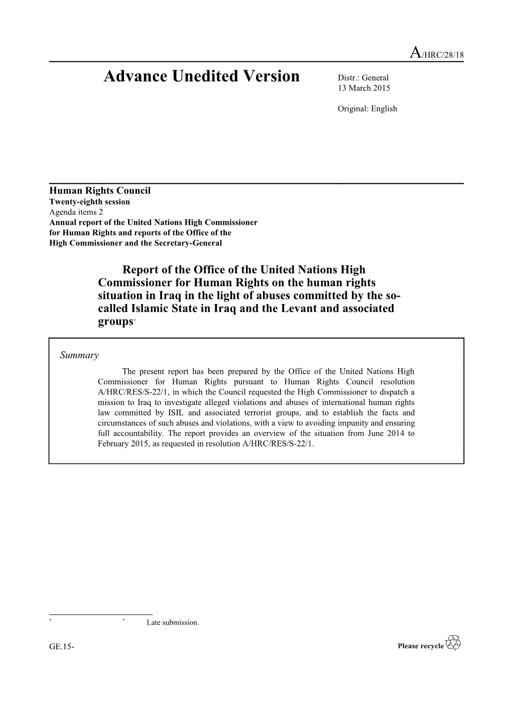 Report Of The United Nations High Commissioner For Human Rights On The Human Rights Situation In Iraq In The Light Of Abuses Committed By The So-Called Islamic State In Iraq And The Levant And Associated Groups In English