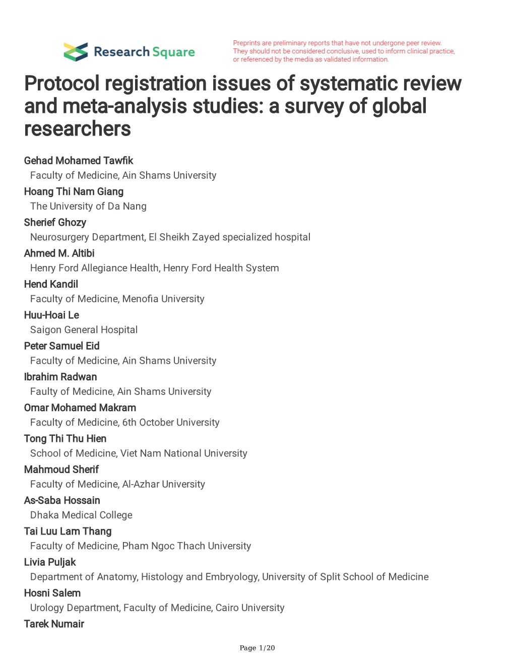 Protocol Registration Issues of Systematic Review and Meta-Analysis Studies: a Survey of Global Researchers