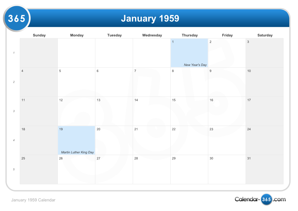 Month Calendar 1959 & Holidays 1959