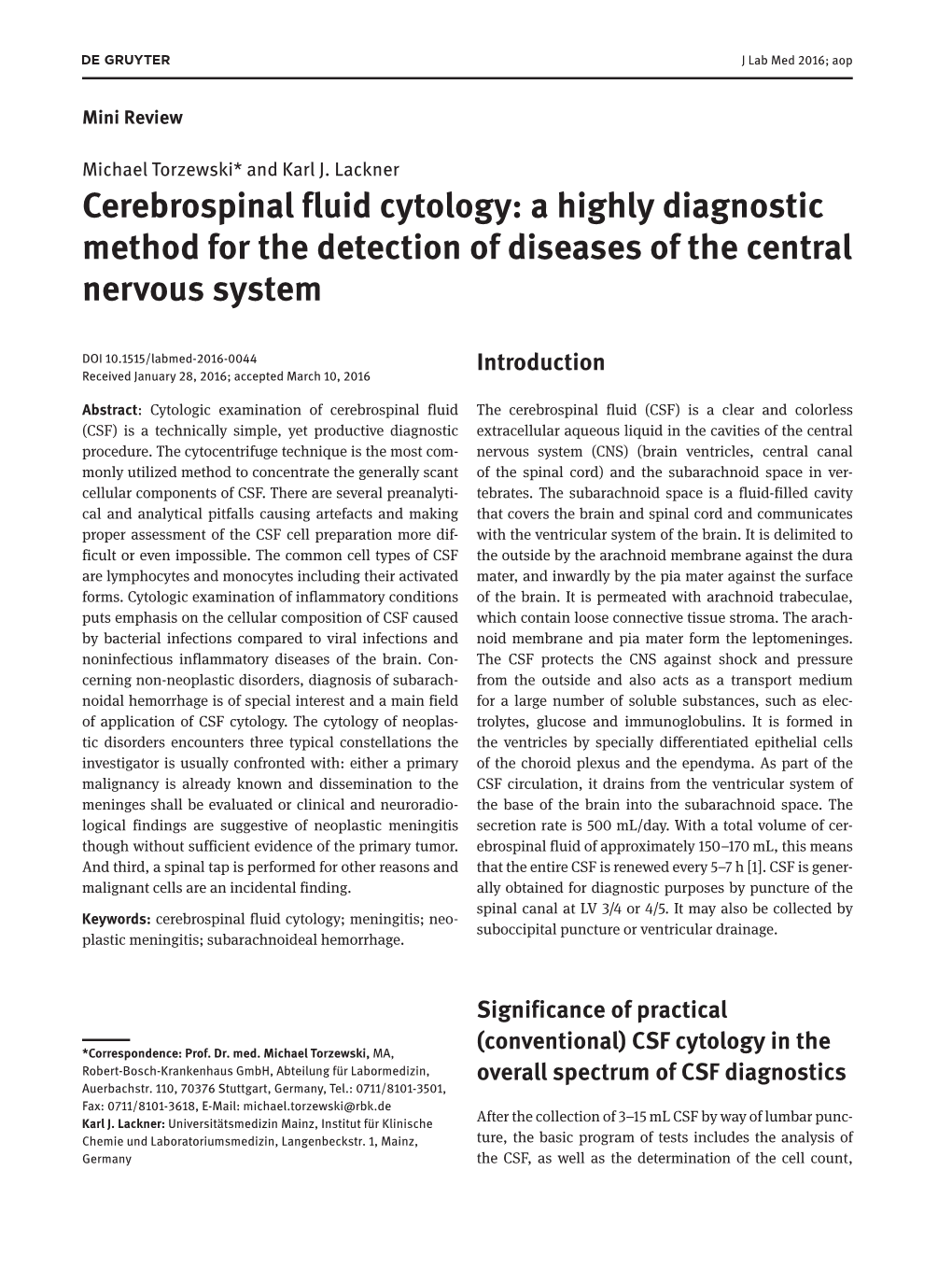 Cerebrospinal Fluid Cytology: a Highly Diagnostic Method for the Detection of Diseases of the Central Nervous System